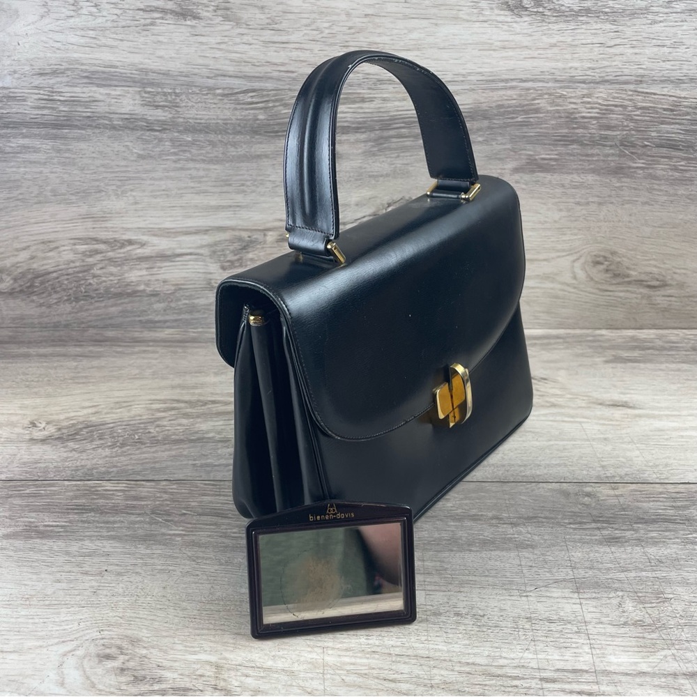 Vintage Bienen Davis Handbag Black Leather W Original Mirror